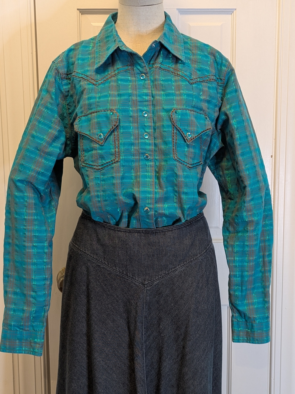 Women's Teal Plaid Snap Front Western Shirt